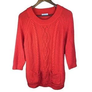 Red Cable Knit Tunic Sweater Size L Round Neck Front Pockets JohnPaulRichard